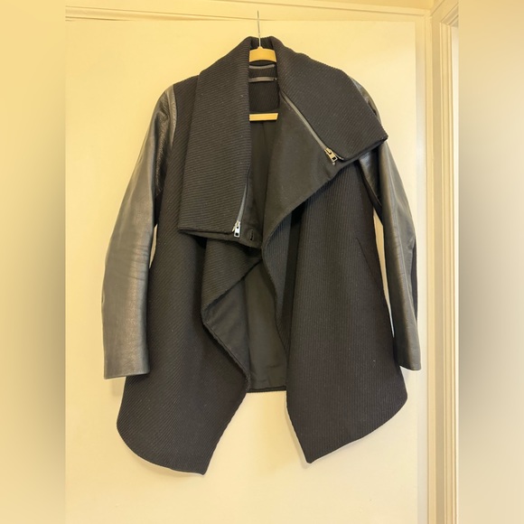All Saints Black faux leather trimmed coat - Picture 1 of 3